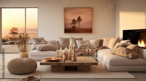 This modern home decor template features cozy living space with stylish sofa, coffee table, floral arrangements in imitation vases, posters, decorative carpets, plaid pillows, and personal accessories