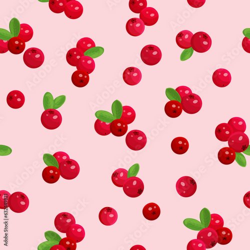 Romantic seamless pattern with red ripe cranberries. Repeating background with berries. Vector print.