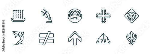 set of 10 linear icons from signs concept. outline icons such as heat, plug, round hotel, up, tent, khanda vector