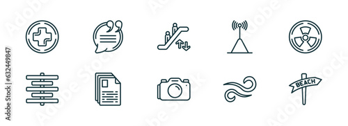 set of 10 linear icons from signs concept. outline icons such as add, quotes, or, camera, wind, beach vector