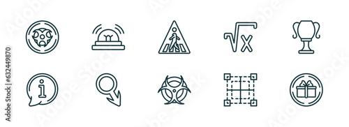 set of 10 linear icons from signs concept. outline icons such as radioactive, alarm, crossing, radioactive elements, borders, gift shop vector