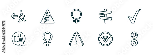 set of 10 linear icons from signs concept. outline icons such as emergency exit, snake, female, alert, wireless network, reason vector