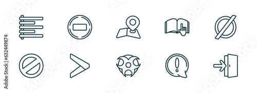 set of 10 linear icons from signs concept. outline icons such as align left, not disturb, map and map pointer, toxic warning, exclamation mark, exit right arrow vector