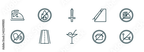 set of 10 linear icons from signs concept. outline icons such as ironing, no fire, weapon, drinks, no packing, no fishing vector