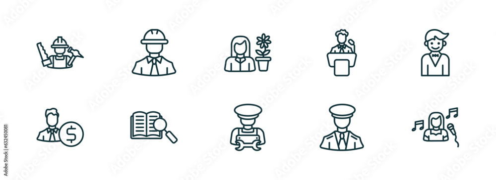 set of 10 linear icons from professions concept. outline icons such as carpenter, civil engineer, florist, mechanic, captain, singer vector