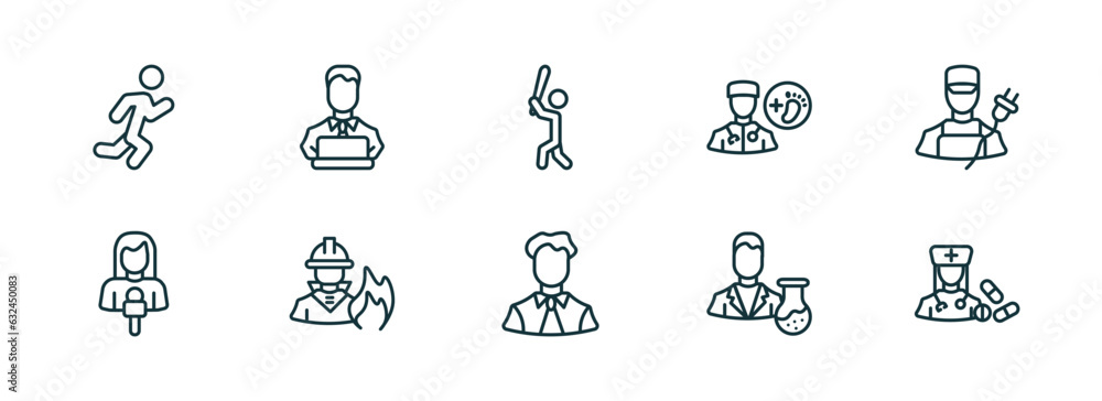 set of 10 linear icons from professions concept. outline icons such as athlete, programmer, baseball player, office worker, scientist, pharist vector