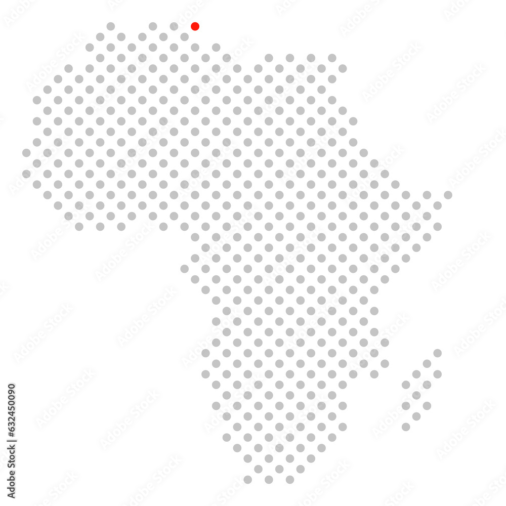 Tunis in Tunesien: Afrikakarte aus grauen Punkten mit roter Markierung