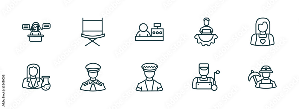 set of 10 linear icons from professions concept. outline icons such as secretary, director, cashier, taxi driver, welder, miner vector set of 10 linear icons from professions concept. outline icons such as secretary, director, cashier, taxi driver, welder, miner vector