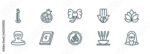 set of 10 linear icons from religion concept. outline icons such as sitar, half pomegranate, elephant, hinduism, incense, moses vector