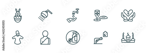 set of 10 linear icons from religion concept. outline icons such as easter bunny, shower head and water, islamic wudu, forbidden foods, ruku posture, mosque and minaret vector