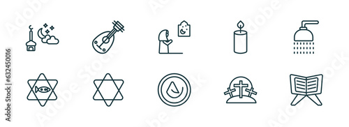 set of 10 linear icons from religion concept. outline icons such as isha, oud, muslim woman praying, asceticism, calvary, quran rehal vector