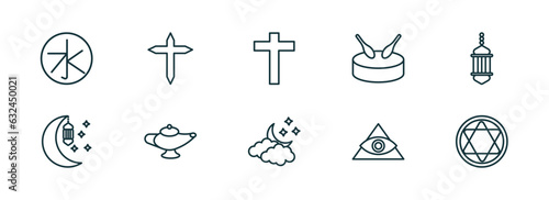 set of 10 linear icons from religion concept. outline icons such as confucianism, cross, christian, ramadan crescent moon, cao dai, blasphemy vector photo