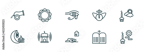 set of 10 linear icons from religion concept. outline icons such as eyd gun, buddhism, eye of ra, sujud posture, commandments, subah prayer vector