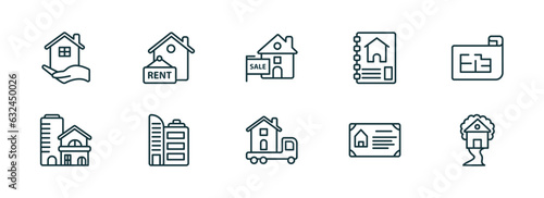 set of 10 linear icons from real estate concept. outline icons such as real estate, rent, for sale, moving truck, certification, tree house vector