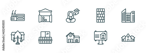 set of 10 linear icons from real estate concept. outline icons such as industrial park, storehouse, or, house front view, billboard, house decoration vector