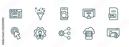 set of 10 linear icons from programming concept. outline icons such as web page, seo funnel, mobile app, sharing, data storage, encripted file vector