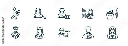 set of 10 linear icons from professions concept. outline icons such as boxer, hr specialist, postman, dyer, orthodontist, nun vector