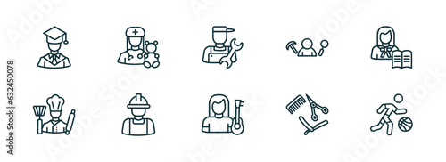 set of 10 linear icons from professions concept. outline icons such as graduated, pediatrician, plumber, guitar player, barber, basketball player vector