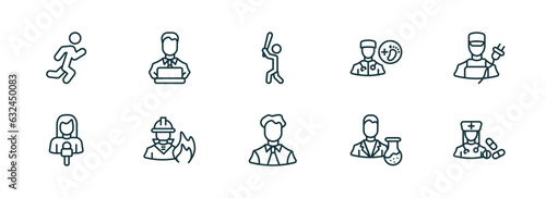 set of 10 linear icons from professions concept. outline icons such as athlete, programmer, baseball player, office worker, scientist, pharist vector