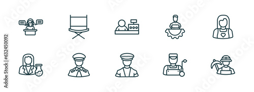 set of 10 linear icons from professions concept. outline icons such as secretary, director, cashier, taxi driver, welder, miner vector