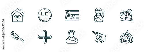 Fototapeta Naklejka Na Ścianę i Meble -  set of 10 linear icons from other concept. outline icons such as smarthome, digital number 45, paragraph aa, arabian woman, super hero, pirate pumpkin vector