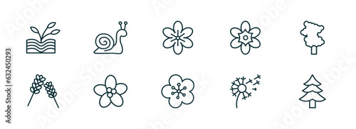 set of 10 linear icons from nature concept. outline icons such as plant growing on book, snail, geranium, orchid, dandelion, cedar vector