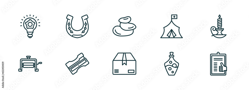 Fototapeta premium set of 10 linear icons from miscellaneous concept. outline icons such as thinking solutions, horseshoes, pebble, product, alchemy, enlist vector