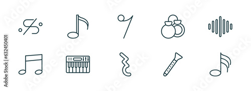 set of 10 linear icons from music and media concept. outline icons such as segno, semiquaver, eight note rest, quarter note rest, clarinet, thirty second note vector