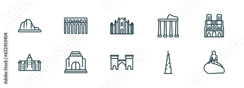 set of 10 linear icons from monuments concept. outline icons such as canyon, segovia aqueduct, milan cathedral, medieval, , denmark vector photo