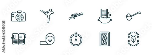 set of 10 linear icons from miscellaneous concept. outline icons such as camera front, muay thai, flame thrower, compass pointing north, room door, will vector