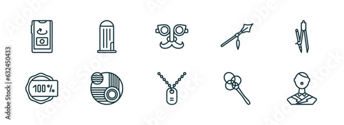 set of 10 linear icons from miscellaneous concept. outline icons such as front camera, granary, fun glasses, army dog tag, carpet beater, german vector