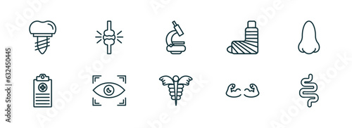 set of 10 linear icons from medical concept. outline icons such as implants, knee, microscope tool, caduceus, strong, intestines vector