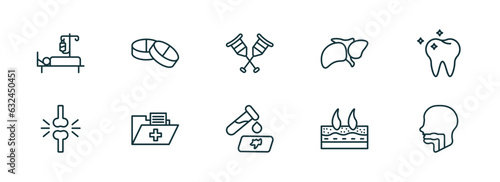 set of 10 linear icons from medical concept. outline icons such as illness on bed, tablets, crutches couple, blood analysis, dermis, pharynx vector