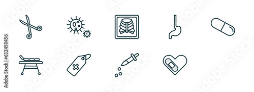 set of 10 linear icons from medical concept. outline icons such as opened medical scissors, bacteria, x ray of bones, tag with a cross, dosage medical tool, cure vector