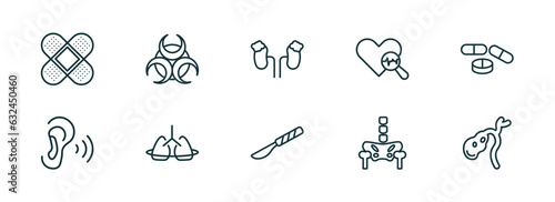 set of 10 linear icons from medical concept. outline icons such as bandage cross, biological warning, adrenal gland, scalpel, p, gallbladder vector