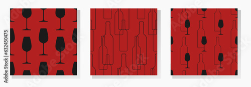 Black wine bottles and glasses on red background. Vector seamless patterns collection. Best for textile, bar decoration, wallpapers, wrapping paper, package and web design.