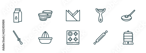 set of 10 linear icons from kitchen concept. outline icons such as milk, custard cup, napkin, stove, rolling pin, steamer vector