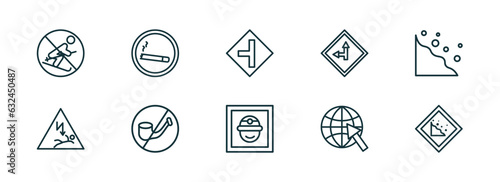 set of 10 linear icons from maps and flags concept. outline icons such as no skiing, smoke zone, road left side, mine site, arrow on globe, land slide vector