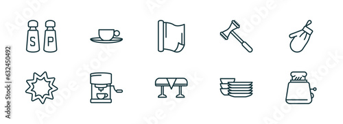 set of 10 linear icons from kitchen concept. outline icons such as salt and pepper, saucer, aluminum foil, tablecloth, dishes, toaster vector