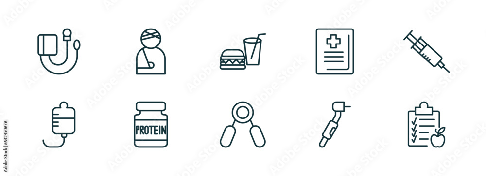 set of 10 linear icons from health and medical concept. outline icons such as sphygmomanometer, injury, fast food, handgrip, dental drill, nutrition vector set of 10 linear icons from health and medical concept. outline icons such as sphygmomanometer, injury, fast food, handgrip, dental drill, nutrition vector