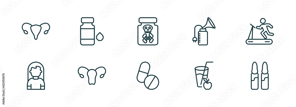 set of 10 linear icons from health and medical concept. outline icons such as uterus, syrup, poisonous, pills, juice, ampoule vector set of 10 linear icons from health and medical concept. outline icons such as uterus, syrup, poisonous, pills, juice, ampoule vector
