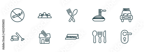 set of 10 linear icons from hotel and restaurant concept. outline icons such as no smoking, people, restaurant, reserved, eating utensils, doorknob vector