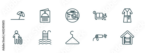 set of 10 linear icons from hotel and restaurant concept. outline icons such as beach umbrella, menu, no pictures, checkroom, hairdryer, hostel vector