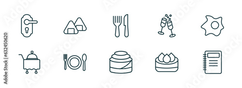 set of 10 linear icons from hotel and restaurant concept. outline icons such as doorknob, onigiri, cutlery, cinnamon roll, dim sum, agenda vector