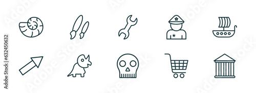 set of 10 linear icons from history concept. outline icons such as fossil, brushes, tool, skull, cart, pantheon vector