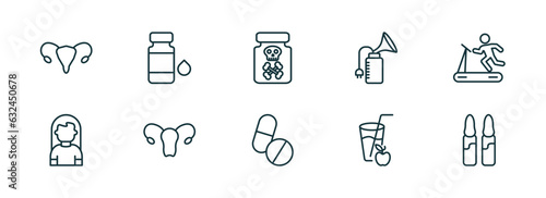 set of 10 linear icons from health and medical concept. outline icons such as uterus, syrup, poisonous, pills, juice, ampoule vector
