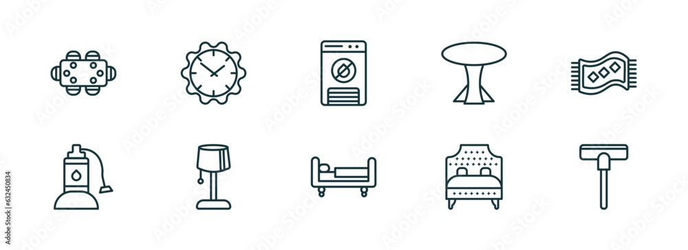 set of 10 linear icons from furniture & household concept. outline icons such as dining table, wall clock, dehumidifier, daybed, headboard, carpet sweeper vector set of 10 linear icons from furniture & household concept. outline icons such as dining table, wall clock, dehumidifier, daybed, headboard, carpet sweeper vector