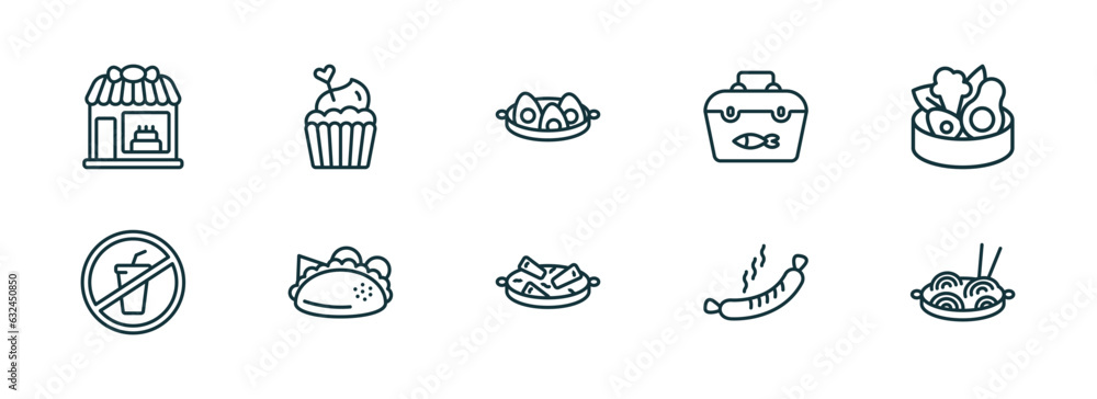 set of 10 linear icons from food concept. outline icons such as candy shop, romantic muffin, soy eggs, guotie, sausages, chow mein vector
