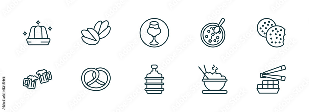 set of 10 linear icons from food concept. outline icons such as jelly, pistachio, drinking zone, water container, dandan noodles, fried tofu curd balls vector set of 10 linear icons from food concept. outline icons such as jelly, pistachio, drinking zone, water container, dandan noodles, fried tofu curd balls vector