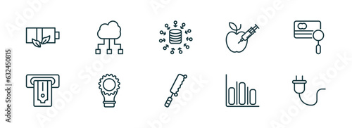 set of 10 linear icons from general concept. outline icons such as eco battery  computing technology  data aggregation  fretsaw  info chart  electric plug vector